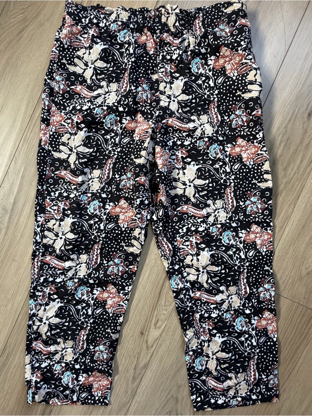 Ann Taylor Floral Paisley Print Pull-On Pants Black with Cream & Rust Accents L